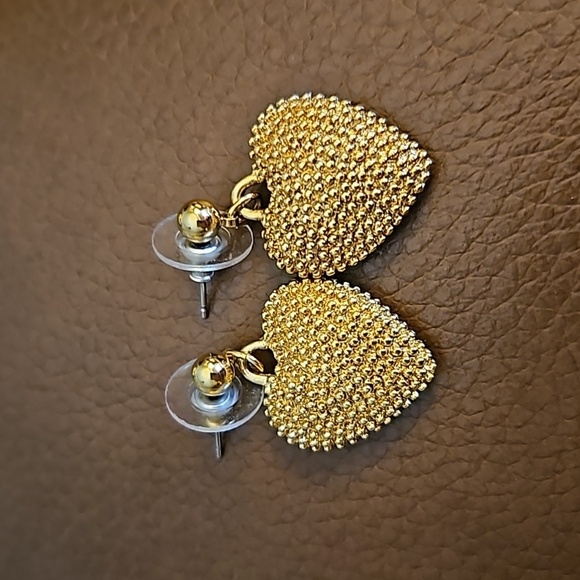 Vintage Goldtone Bumpy Puff Heart Dangle Post Earrings - Picture 2 of 4